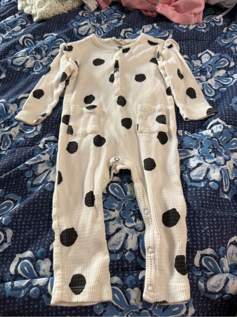 Kids White Ribbed One-Piece with Black Polka Dots